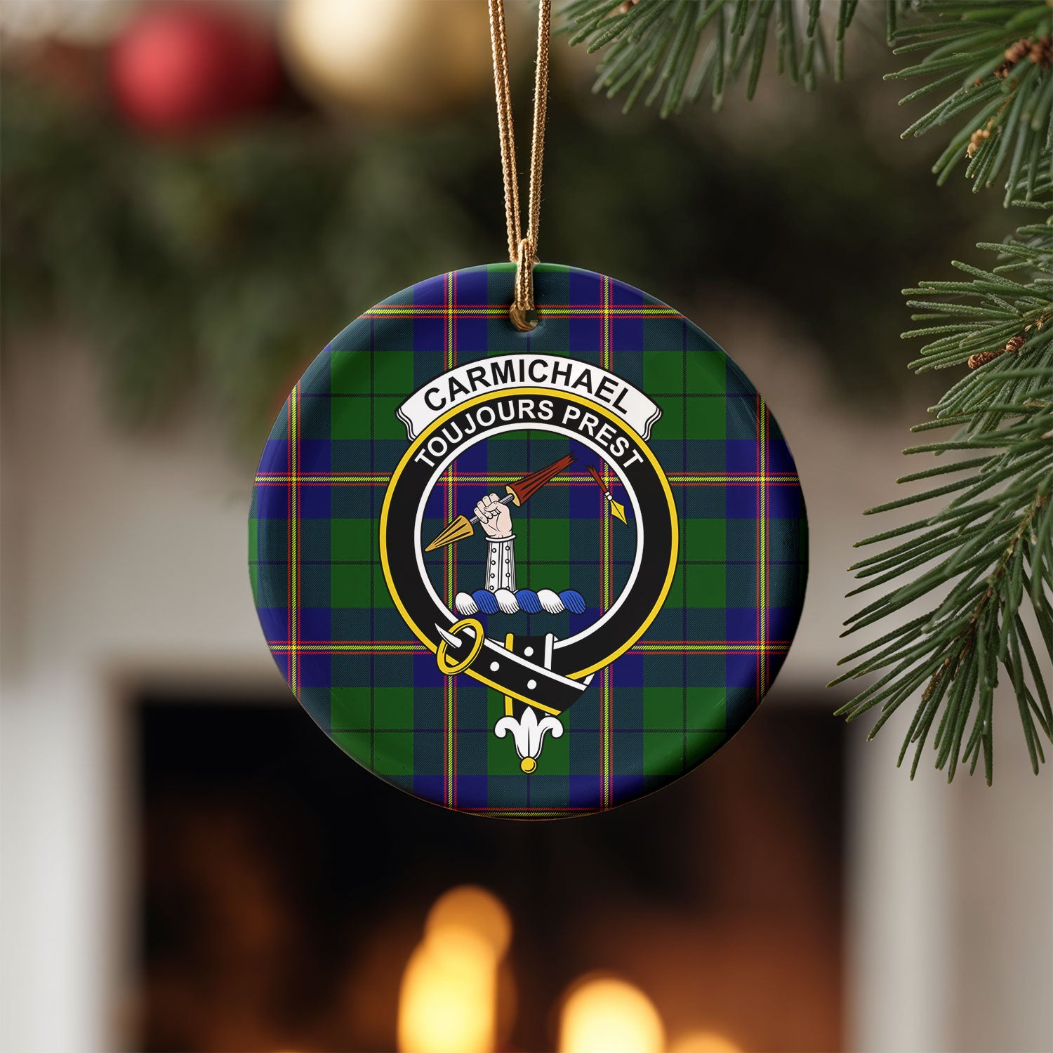 Carmichael Modern Tartan Crest Christmas Ceramic Ornament