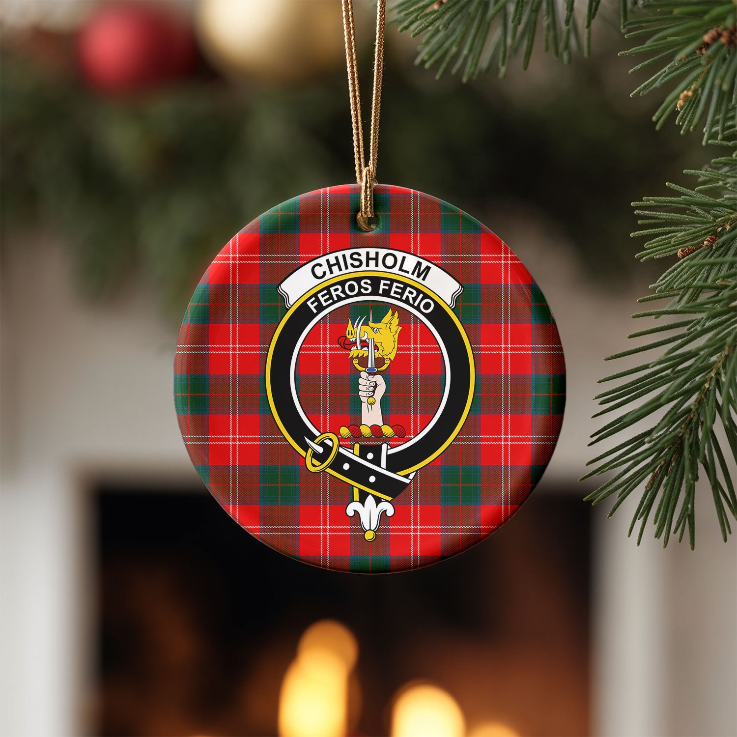 Chisholm Modern Tartan Crest Christmas Ceramic Ornament