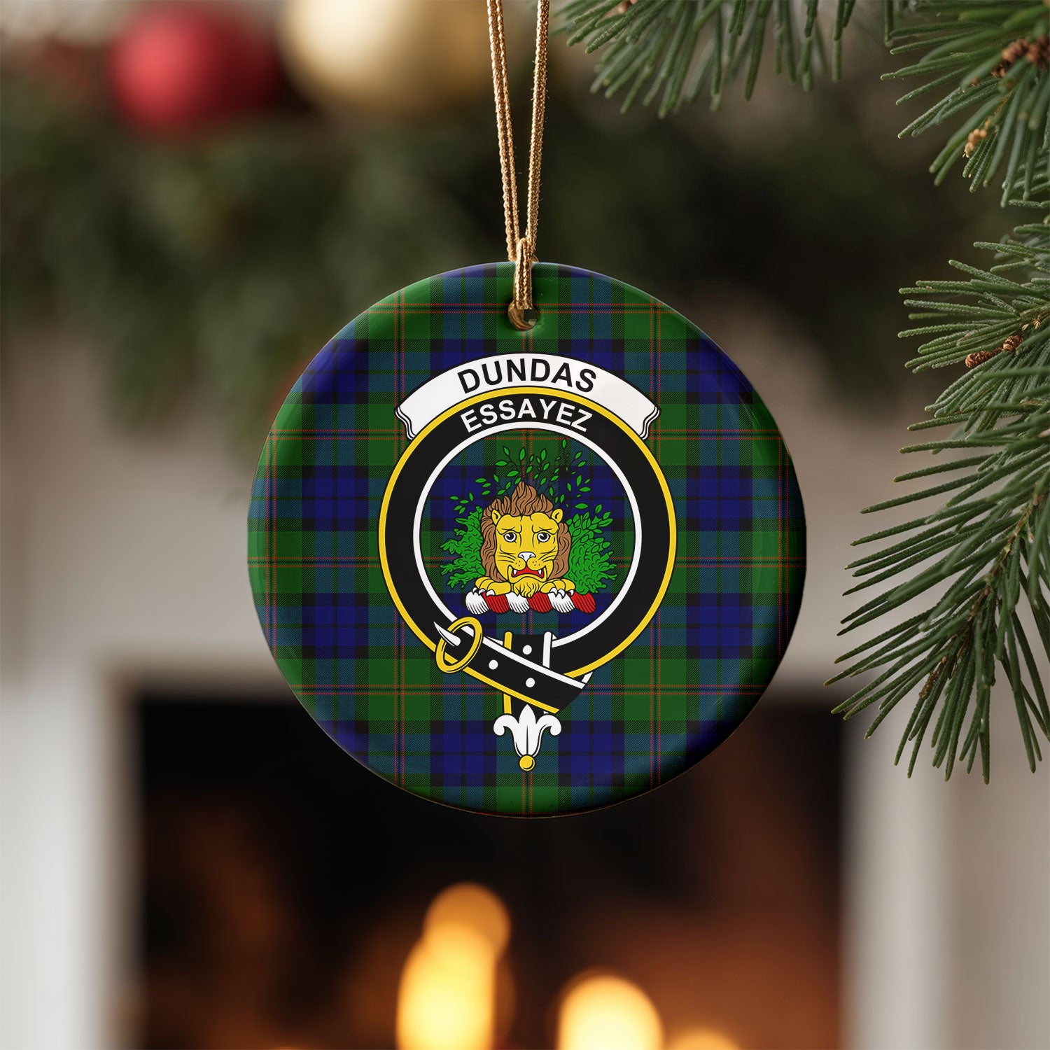 Dundas Modern Tartan Crest Christmas Ceramic Ornament