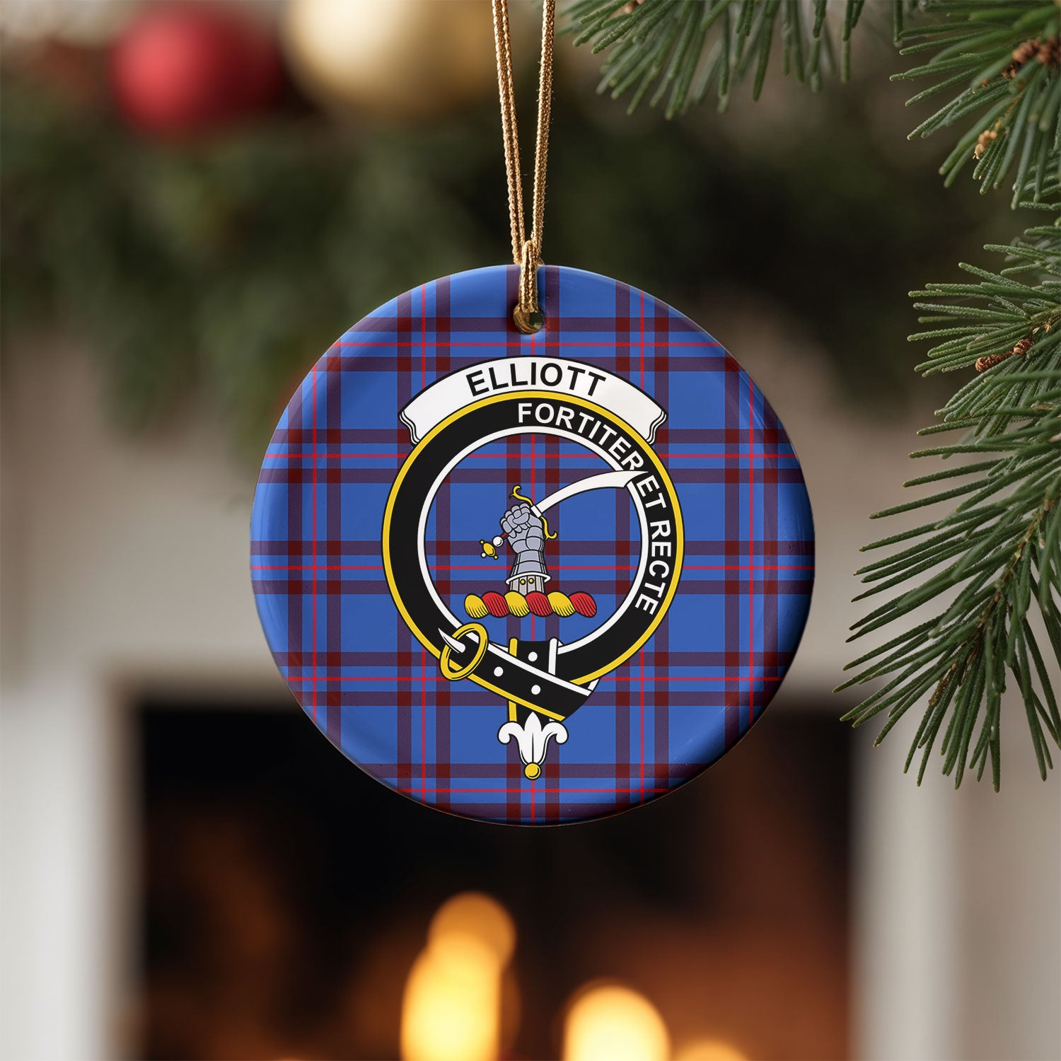 Elliott Modern Tartan Crest Christmas Ceramic Ornament