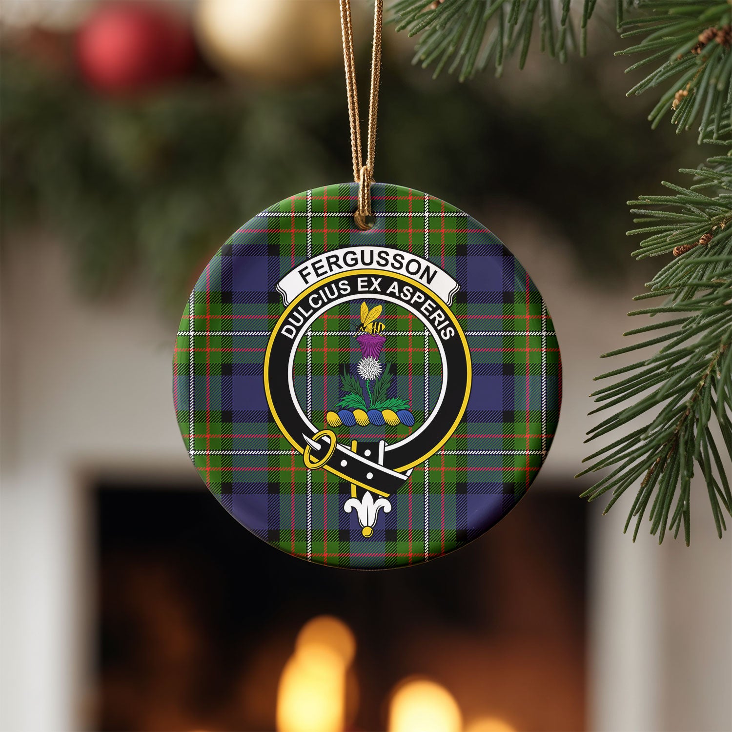 Fergusson Modern Tartan Crest Christmas Ceramic Ornament