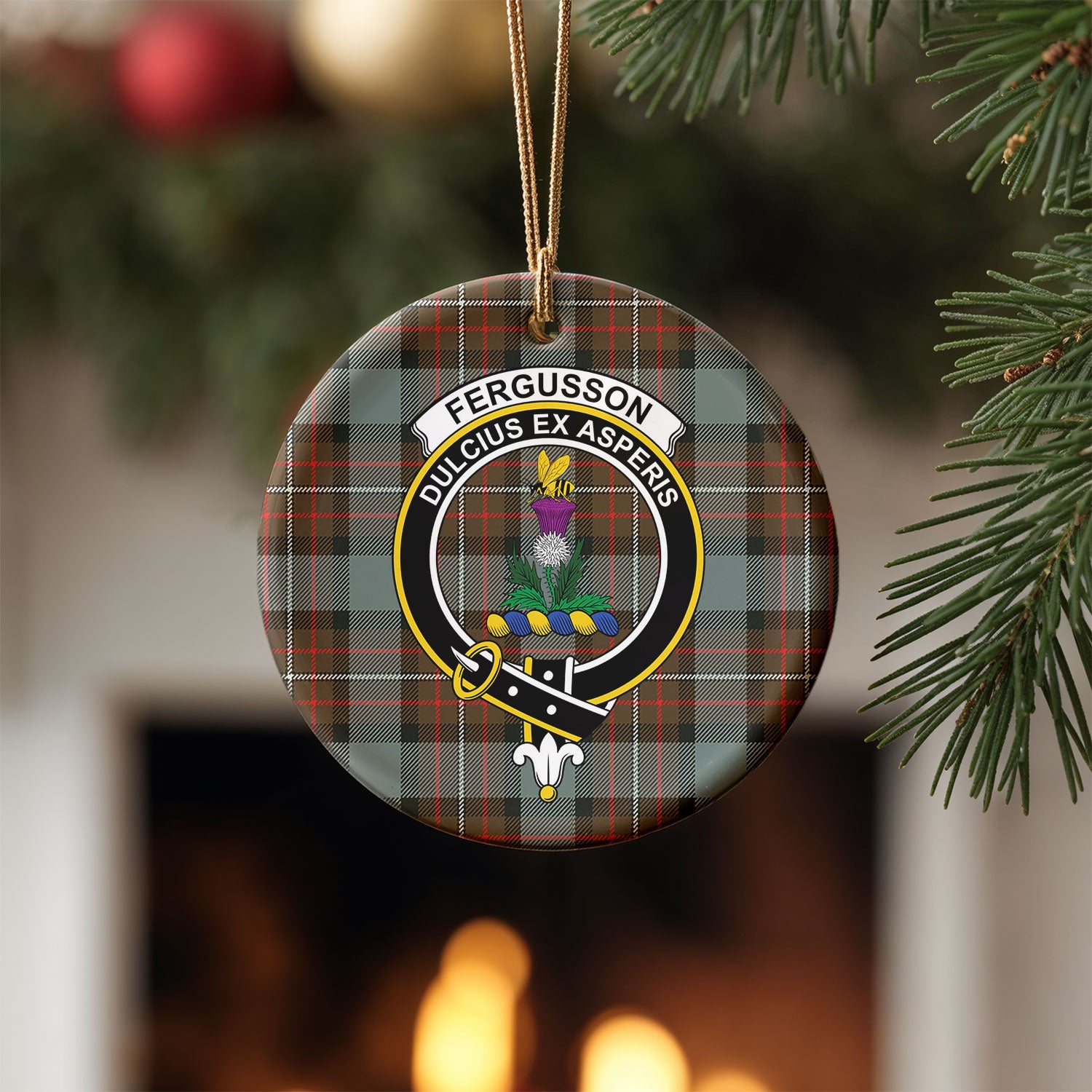 Fergusson Weathered Tartan Crest Christmas Ceramic Ornament