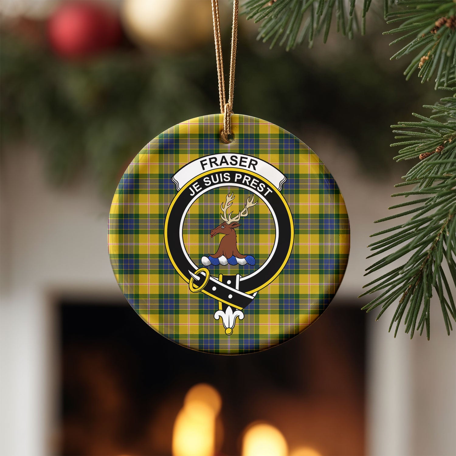 Fraser (of Lovat) Yellow Tartan Crest Christmas Ceramic Ornament