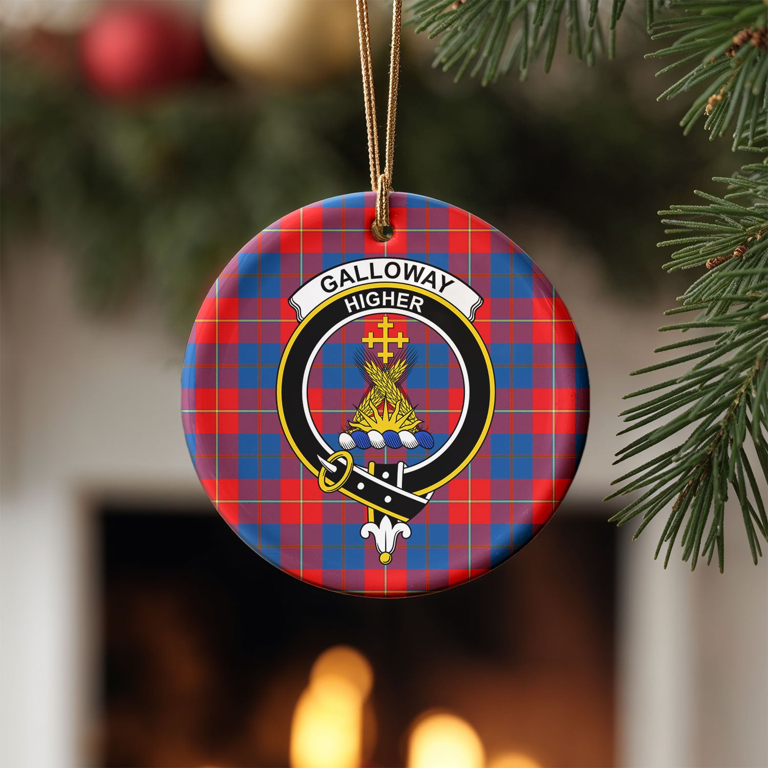 Galloway Red Tartan Crest Christmas Ceramic Ornament