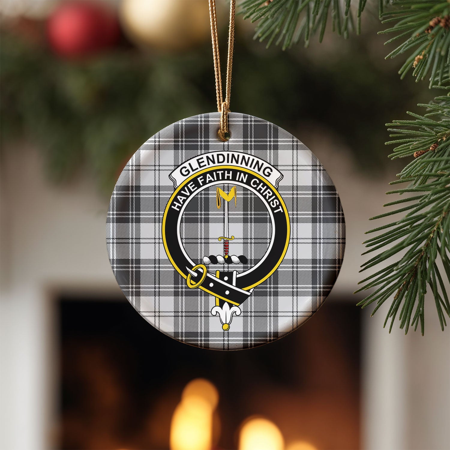 Glendinning Tartan Crest Christmas Ceramic Ornament