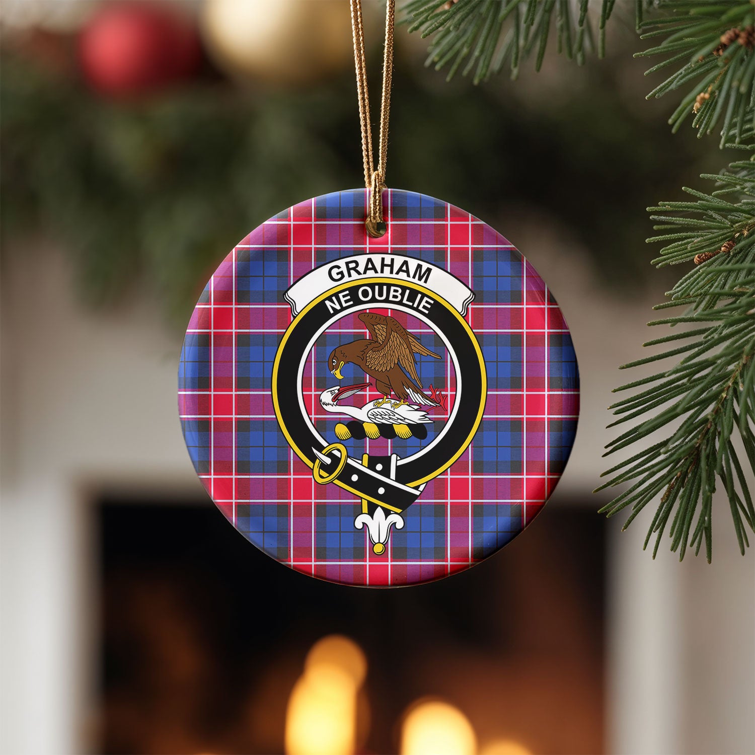 Graham of Menteith Red Tartan Crest Christmas Ceramic Ornament