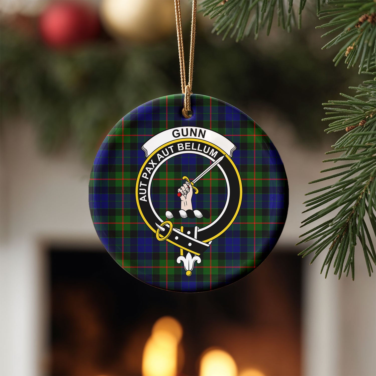 Gunn Modern Tartan Crest Christmas Ceramic Ornament