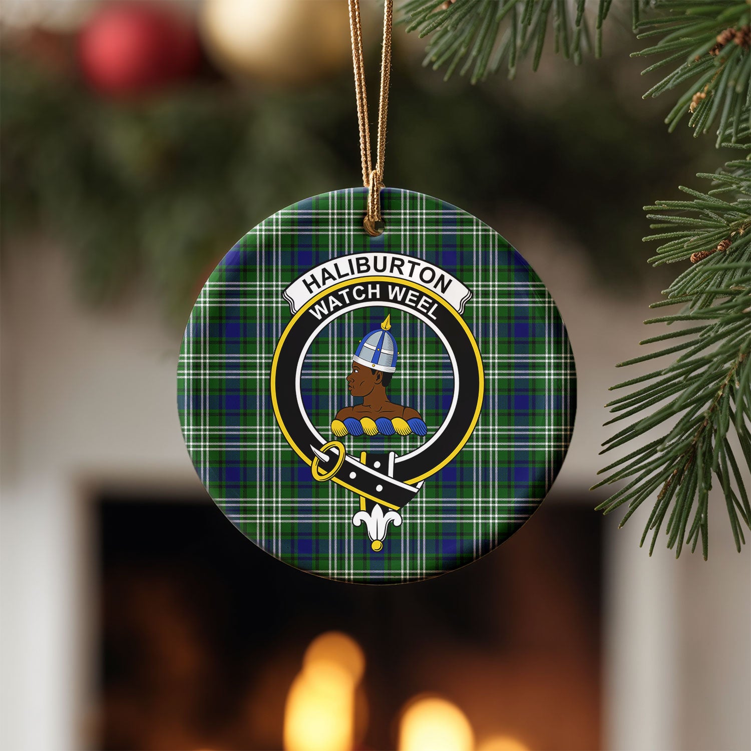 Haliburton Tartan Crest Christmas Ceramic Ornament