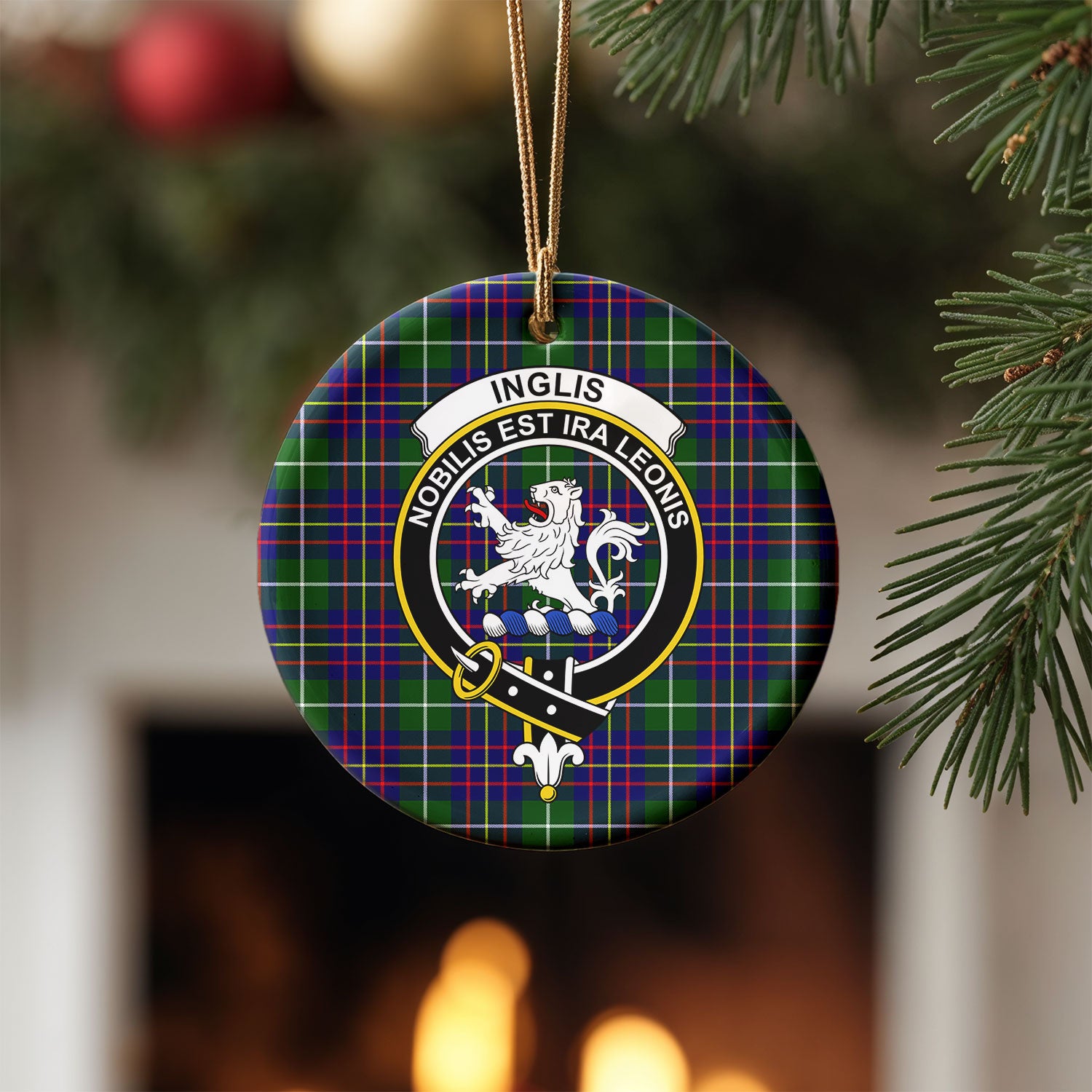 Inglis Modern Tartan Crest Christmas Ceramic Ornament