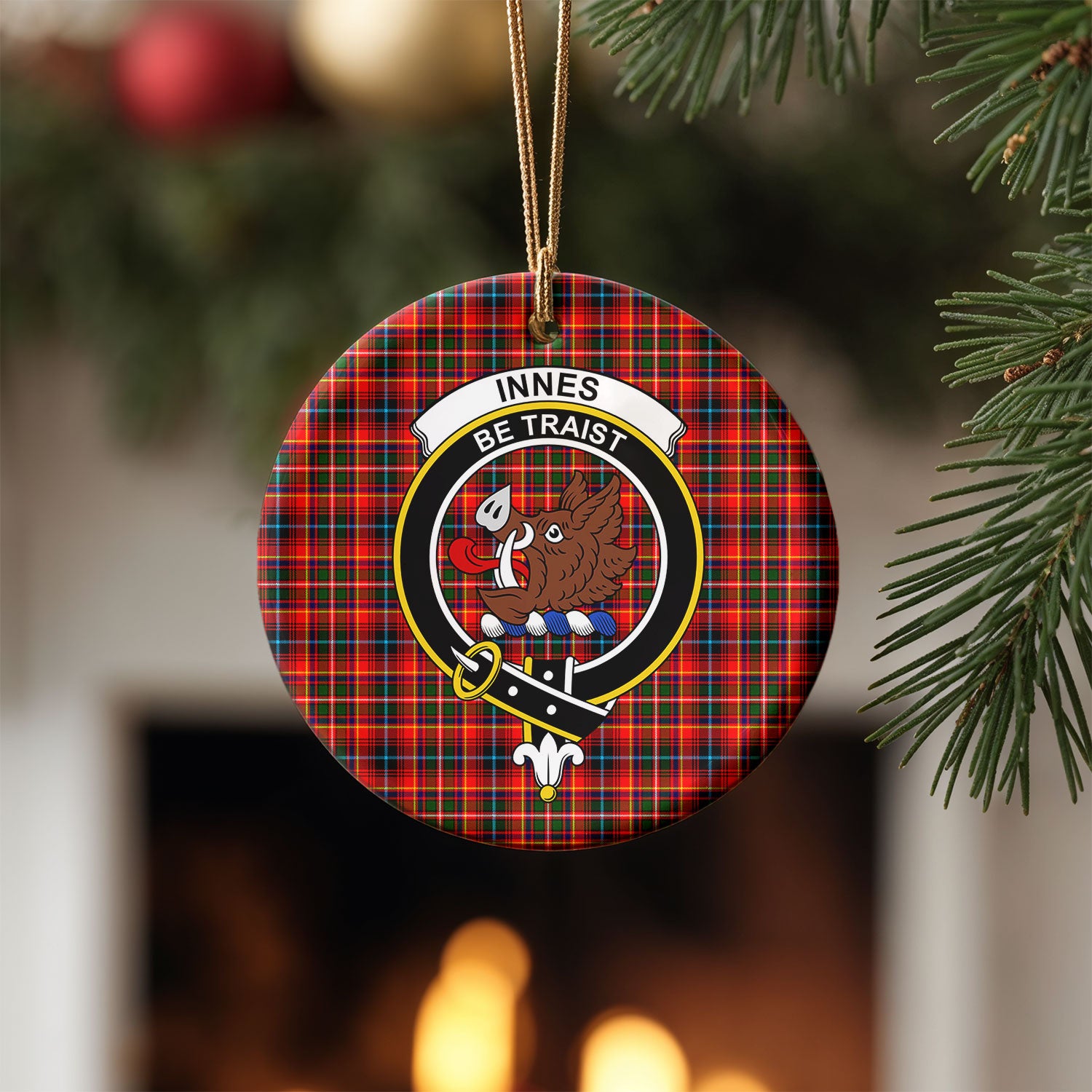Innes Modern Tartan Crest Christmas Ceramic Ornament