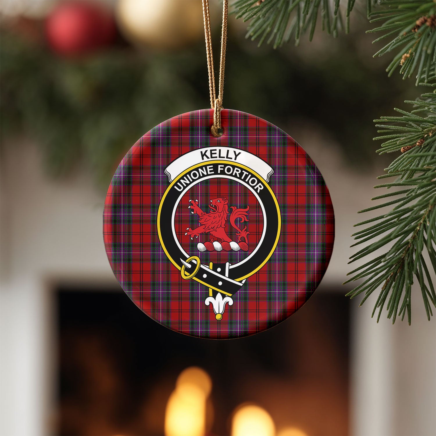 Kelly of Sleat Red Tartan Crest Christmas Ceramic Ornament