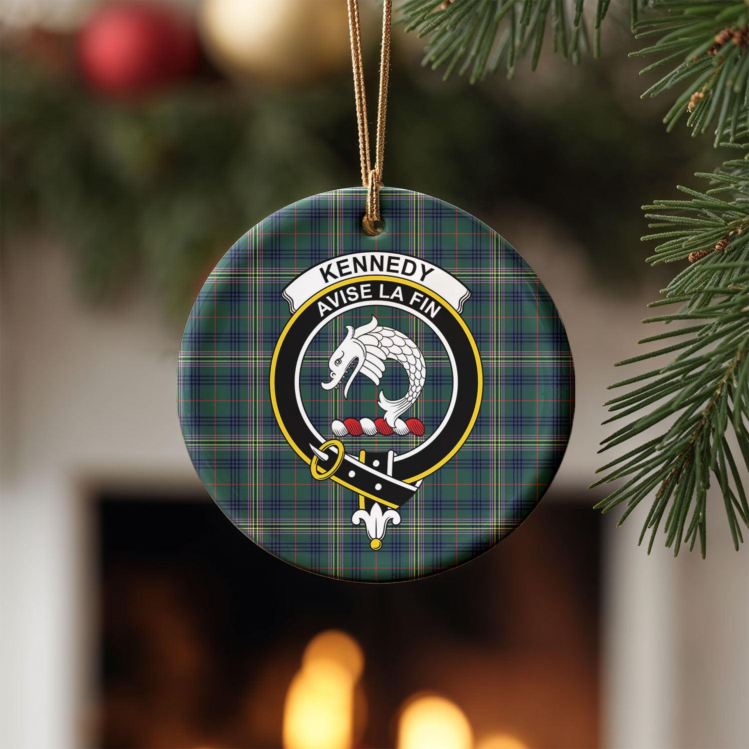 Kennedy Modern Tartan Crest Christmas Ceramic Ornament