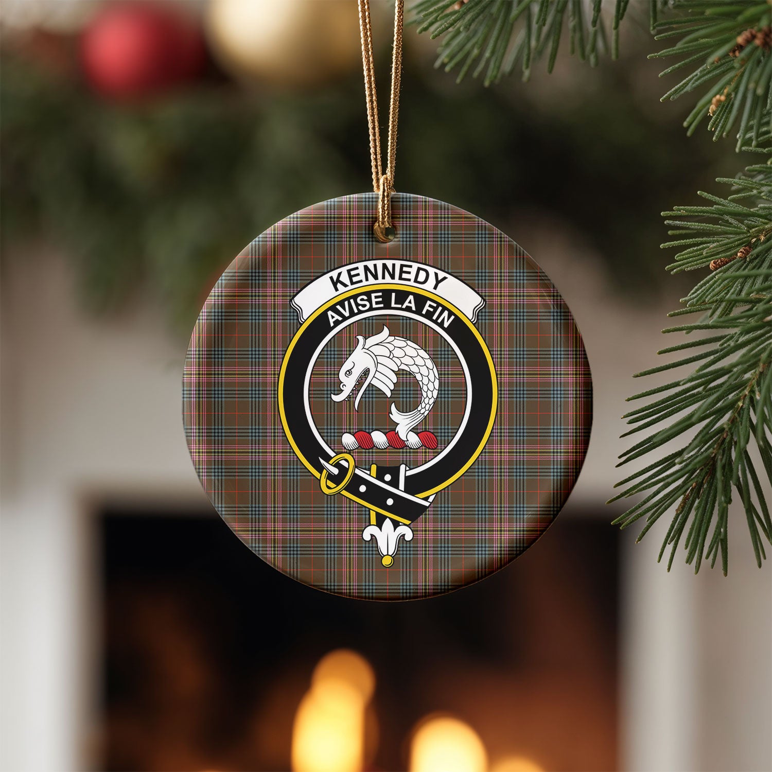 Kennedy Weathered Tartan Crest Christmas Ceramic Ornament