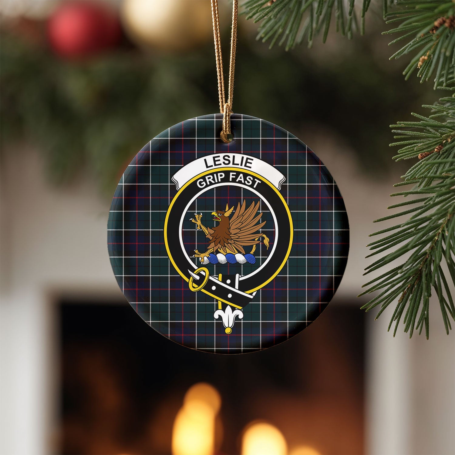 Leslie Hunting Modern Tartan Crest Christmas Ceramic Ornament