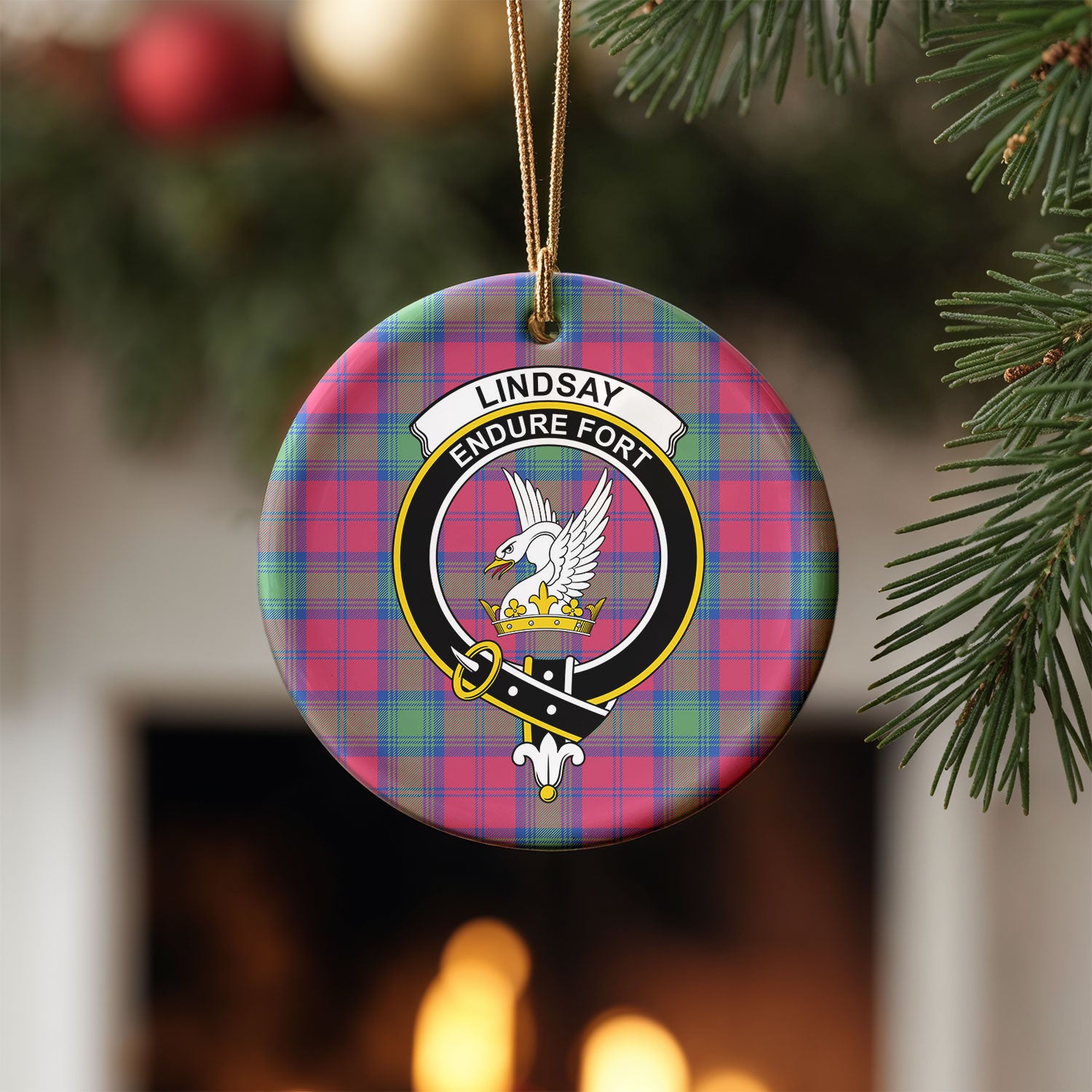 Lindsay Ancient Tartan Crest Christmas Ceramic Ornament