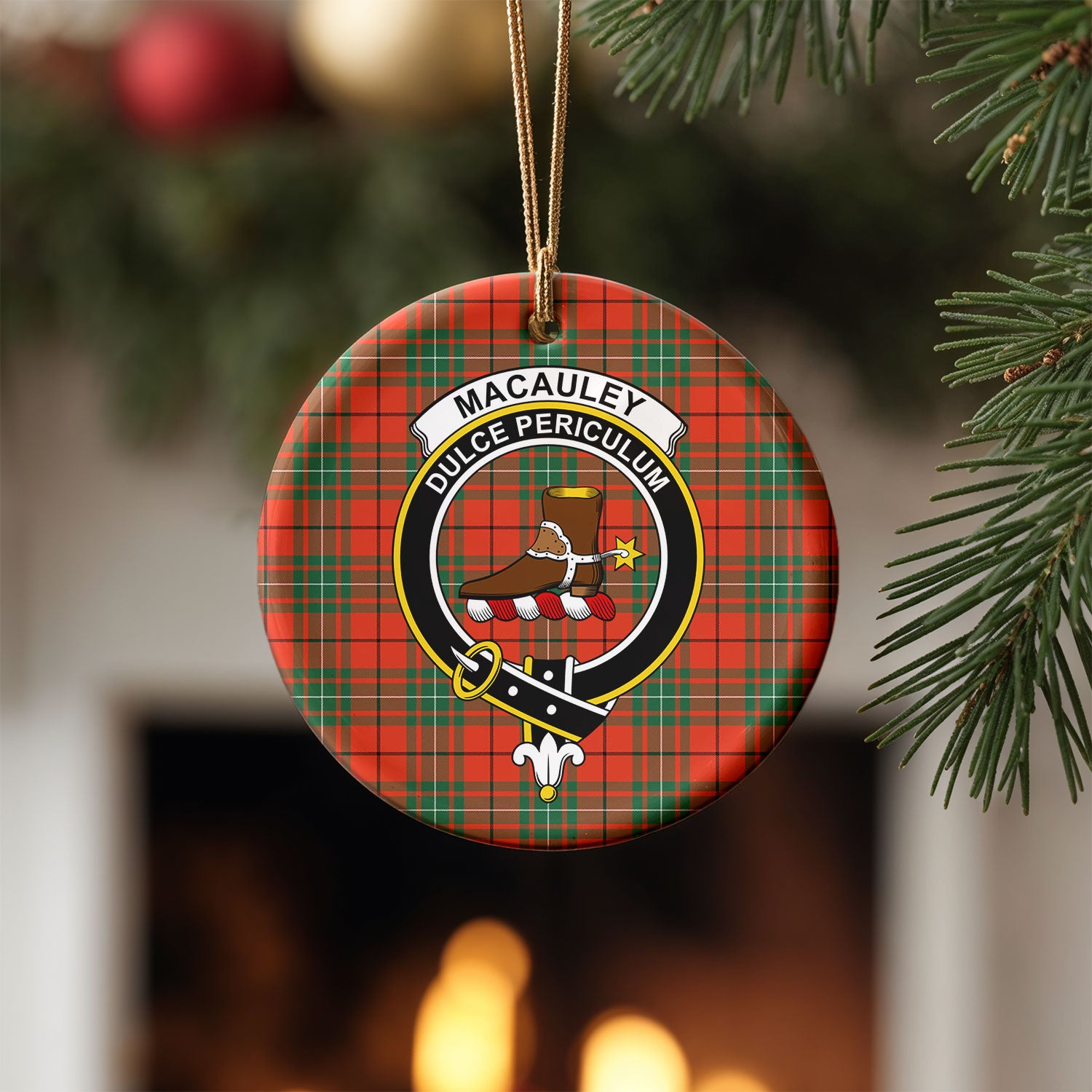 MacAuley Ancient Tartan Crest Christmas Ceramic Ornament