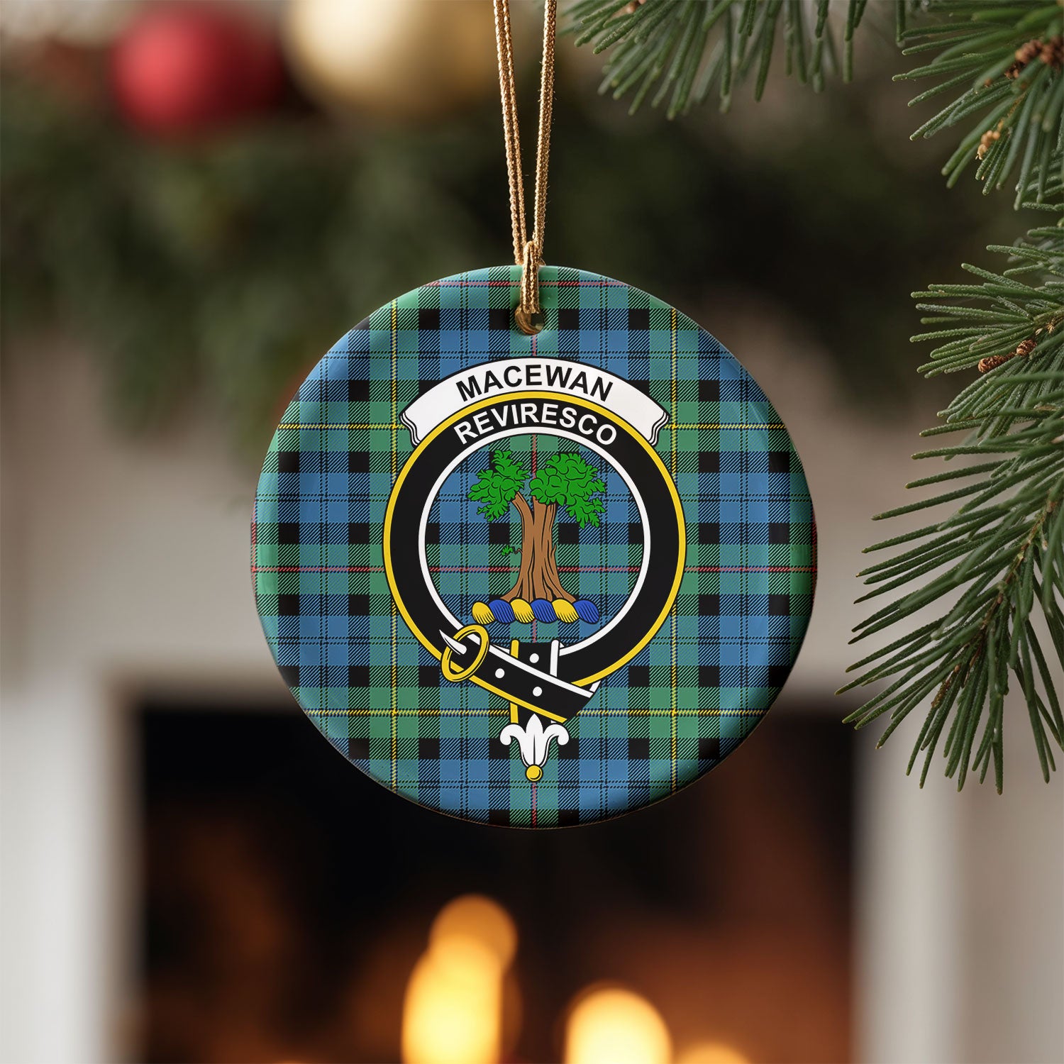 MacEwan Ancient Tartan Crest Christmas Ceramic Ornament