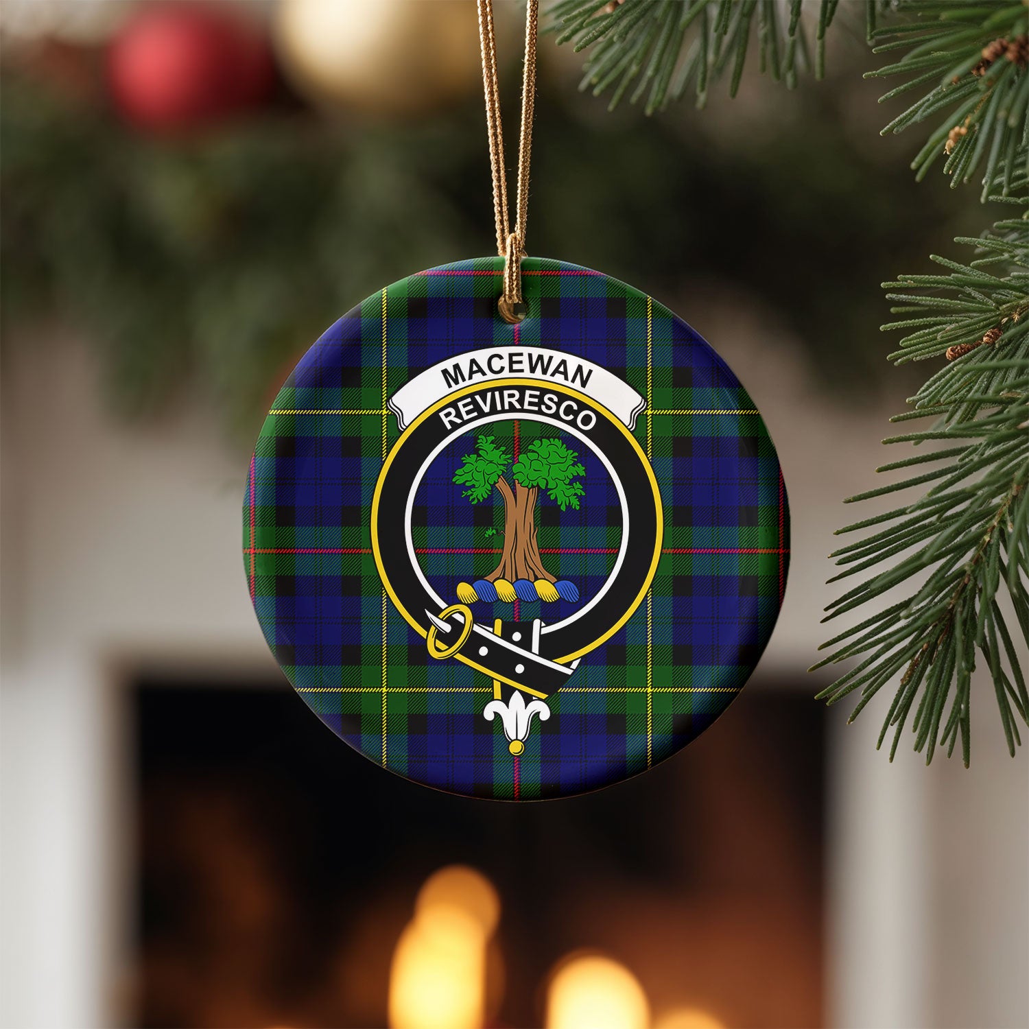 MacEwan Modern Tartan Crest Christmas Ceramic Ornament