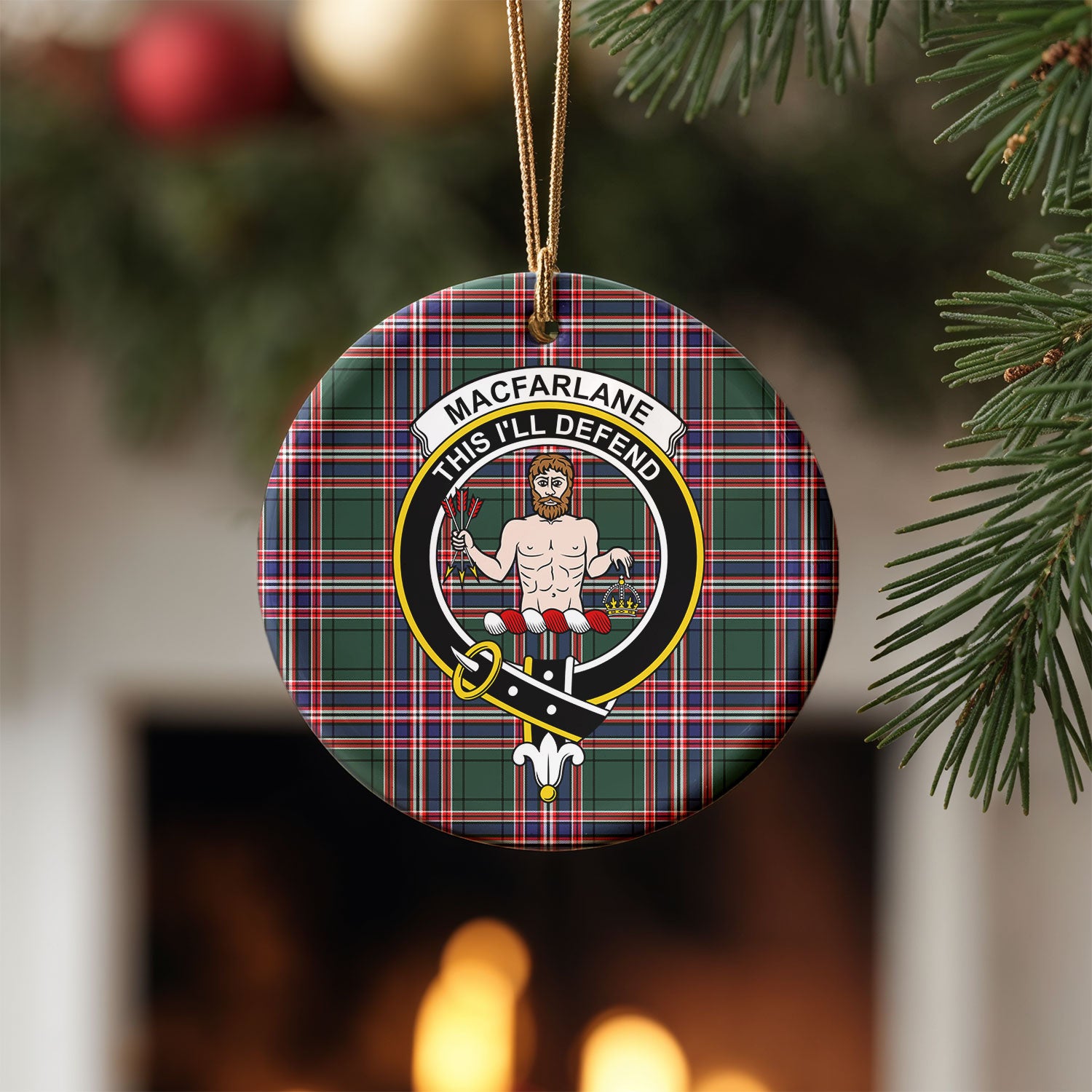 MacFarlane Hunting Modern Tartan Crest Christmas Ceramic Ornament