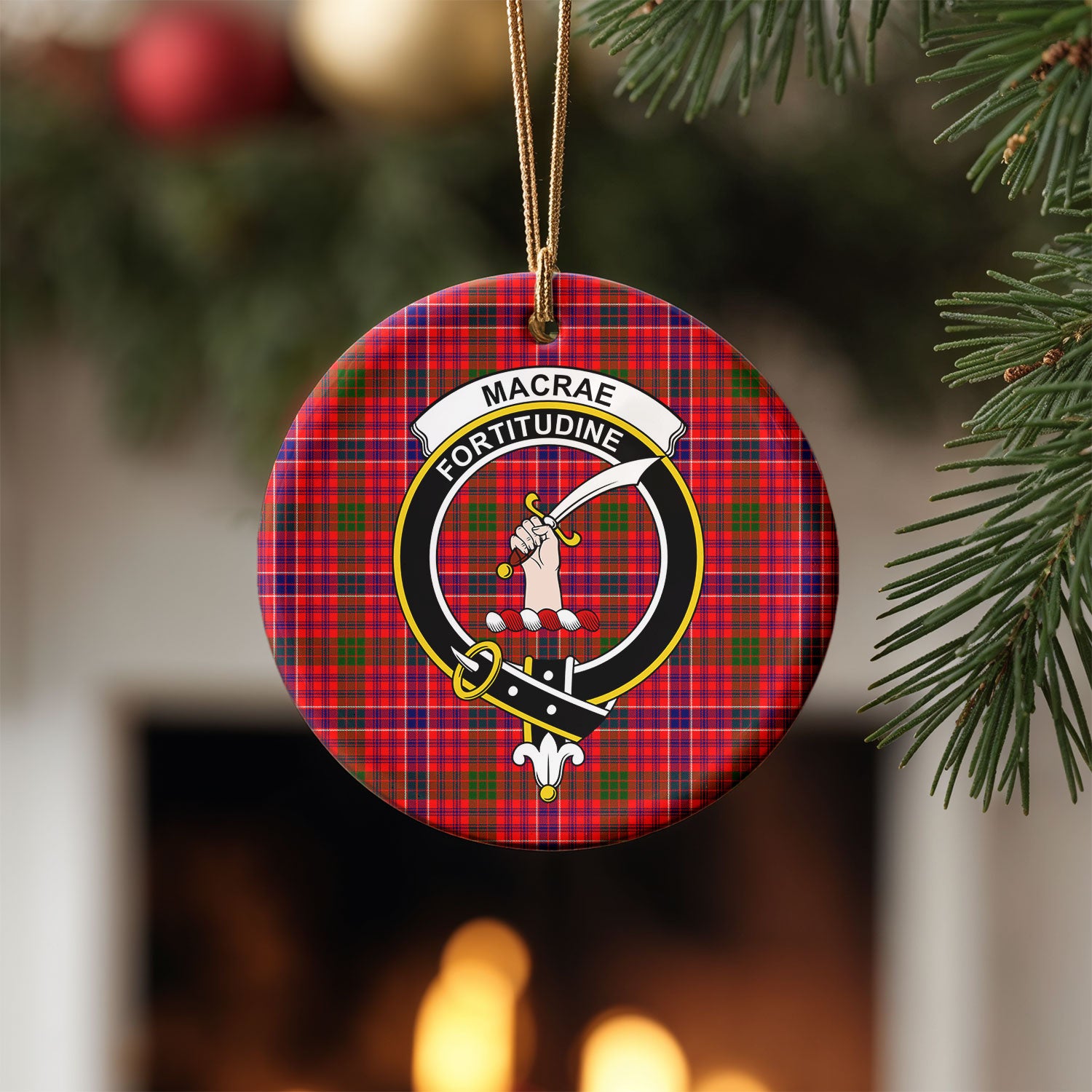 MacRae Modern Tartan Crest Christmas Ceramic Ornament