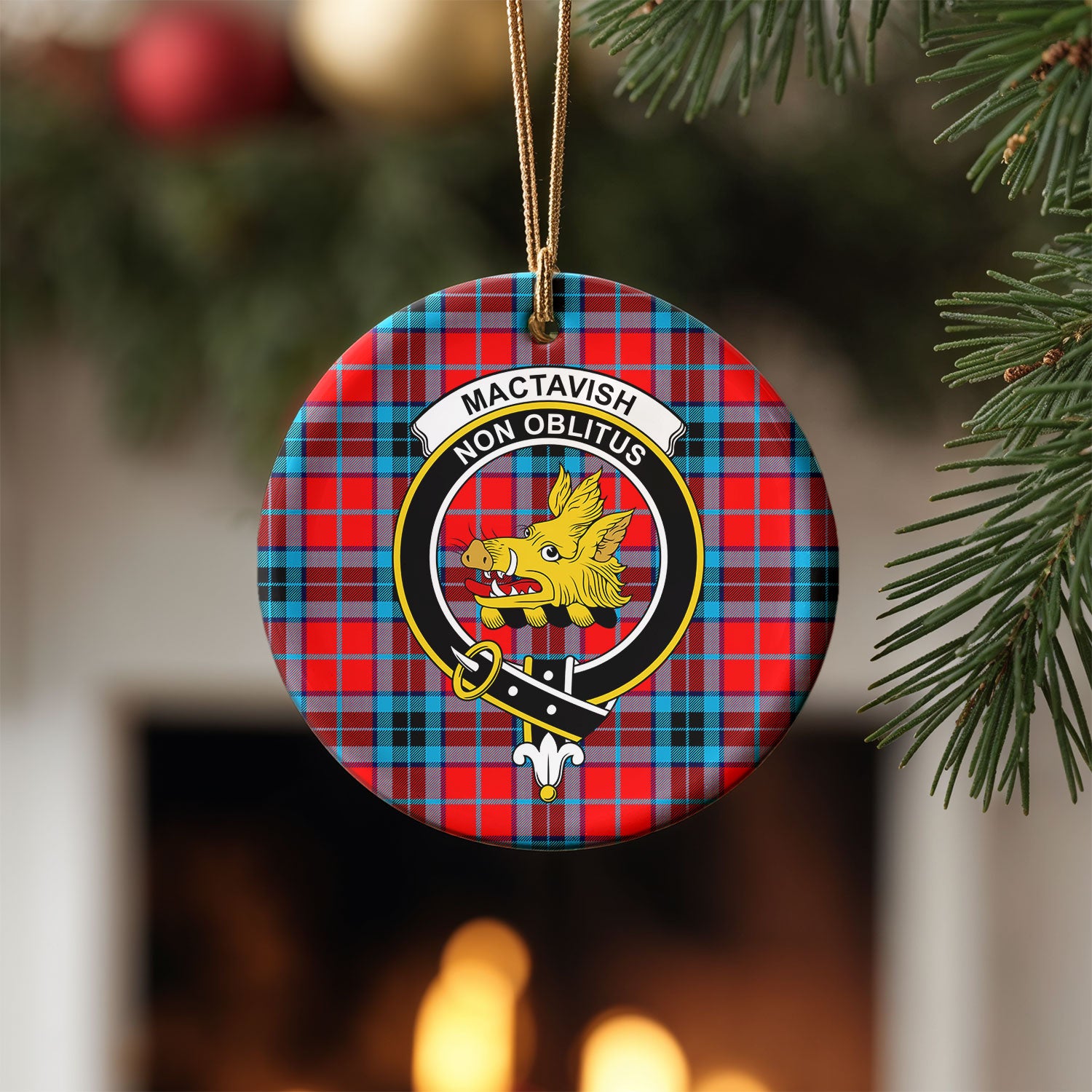 MacTavish Modern Tartan Crest Christmas Ceramic Ornament