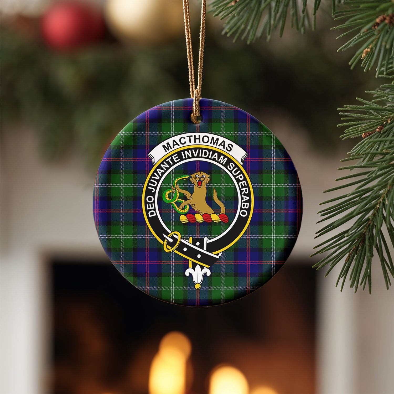 MacThomas Modern Tartan Crest Christmas Ceramic Ornament