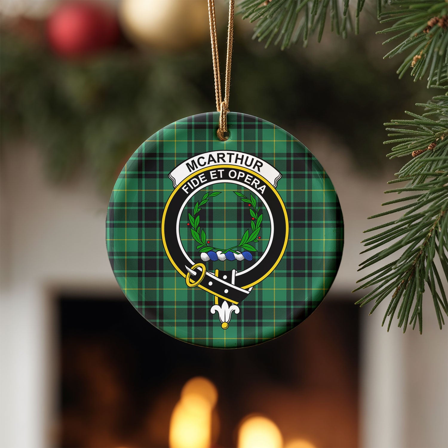 McArthur Ancient Tartan Crest Christmas Ceramic Ornament