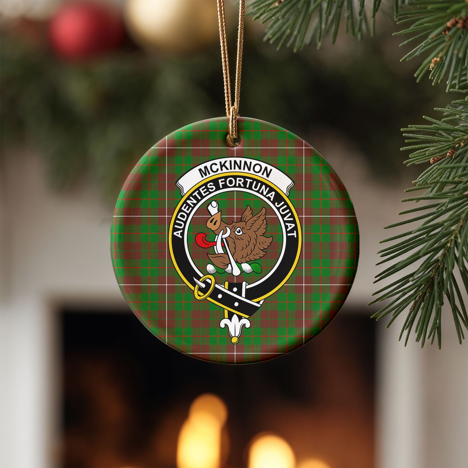 McKinnon Hunting Modern Tartan Crest Christmas Ceramic Ornament