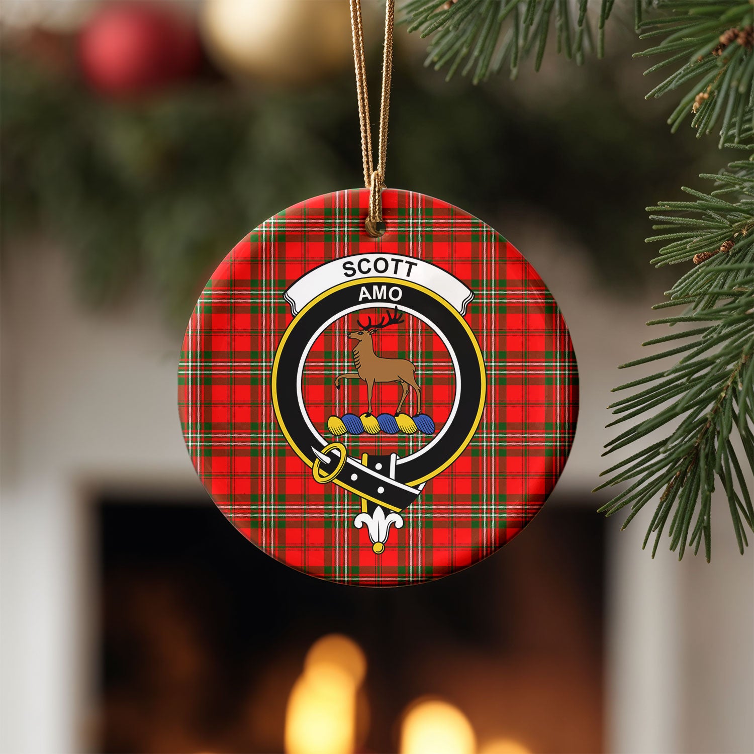 Scott Modern Tartan Crest Christmas Ceramic Ornament