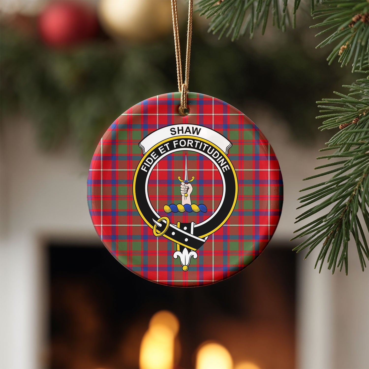 Shaw Red Modern Tartan Crest Christmas Ceramic Ornament
