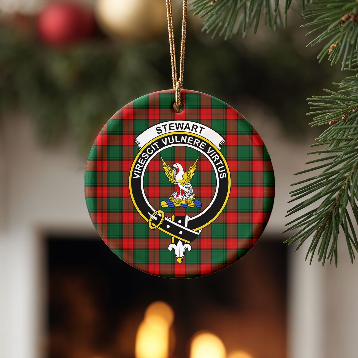 Stewart Atholl Modern Tartan Crest Christmas Ceramic Ornament