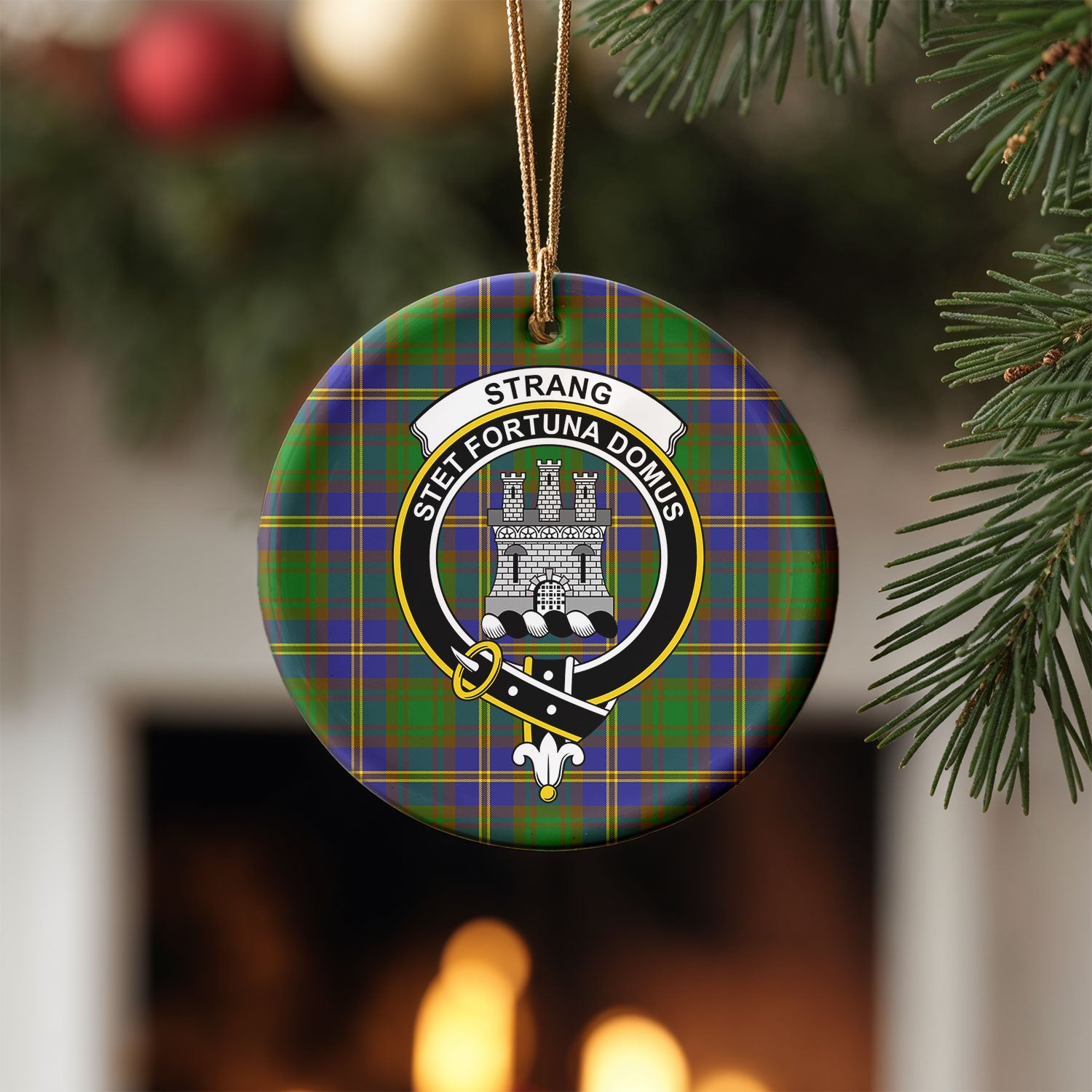 Strang (or Strange) Tartan Crest Christmas Ceramic Ornament