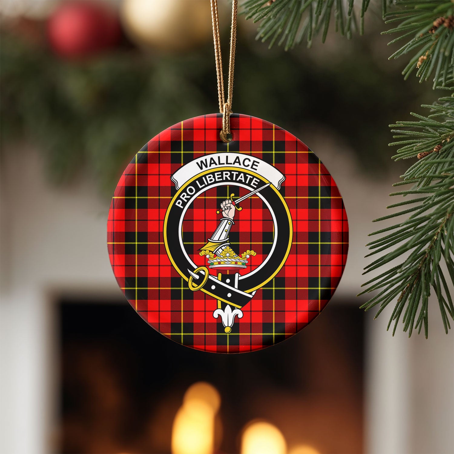 Wallace Hunting Red Tartan Crest Christmas Ceramic Ornament