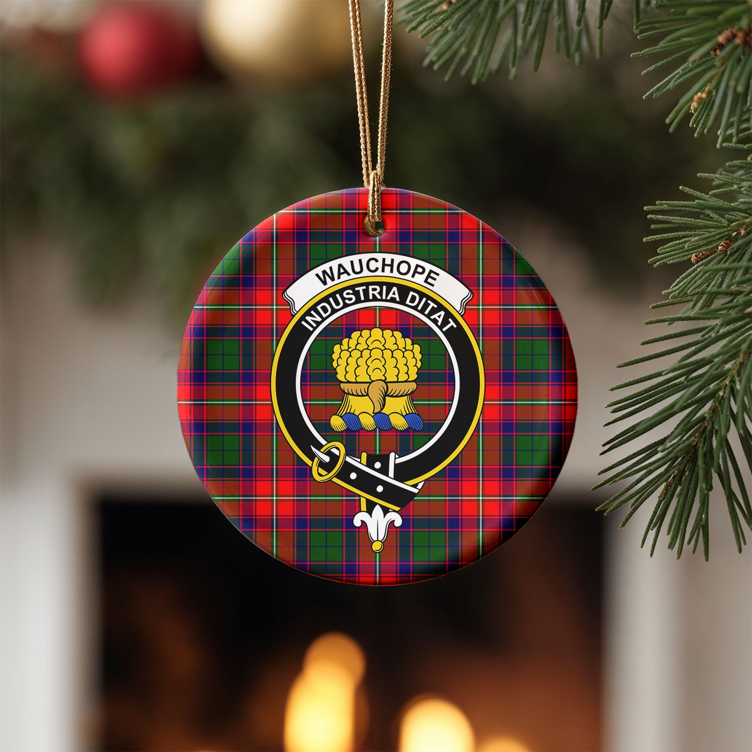 Wauchope (or Waugh) Tartan Crest Christmas Ceramic Ornament