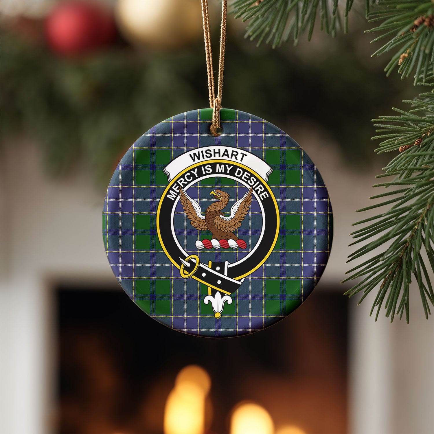 Wishart Hunting Tartan Crest Christmas Ceramic Ornament