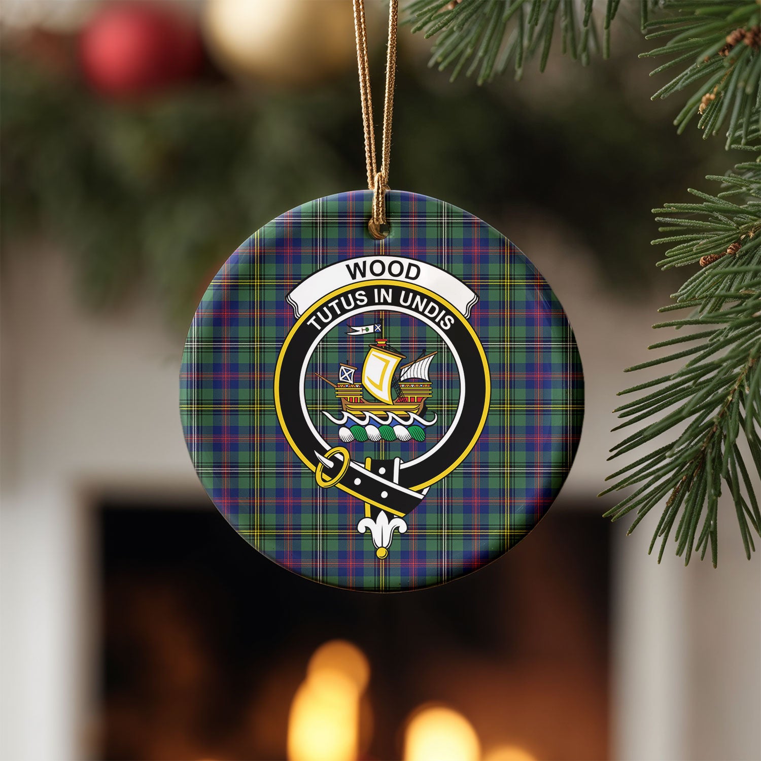 Wood Tartan Crest Christmas Ceramic Ornament
