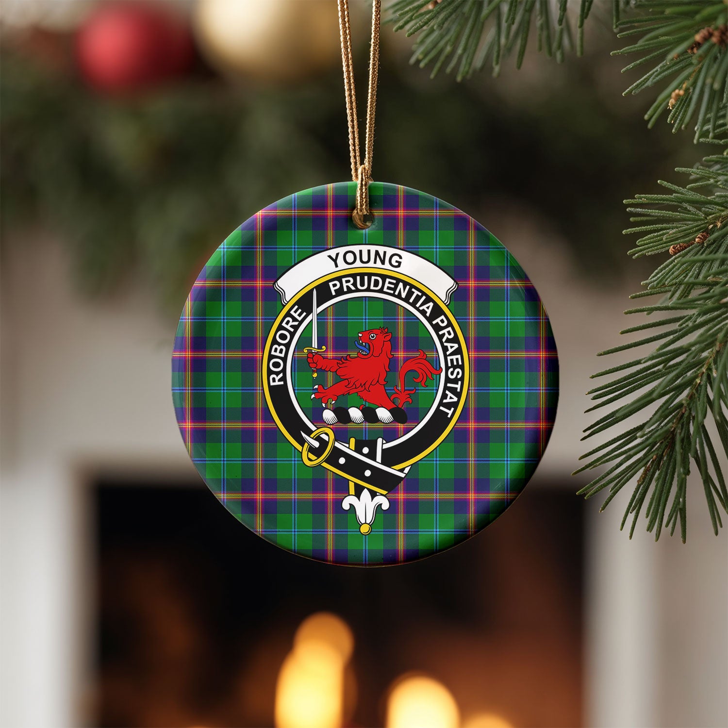 Young Modern Tartan Crest Christmas Ceramic Ornament