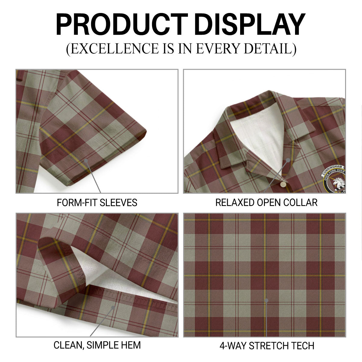 Cunningham Burgundy Dancers Tartan Crest Hawaiian Shirt