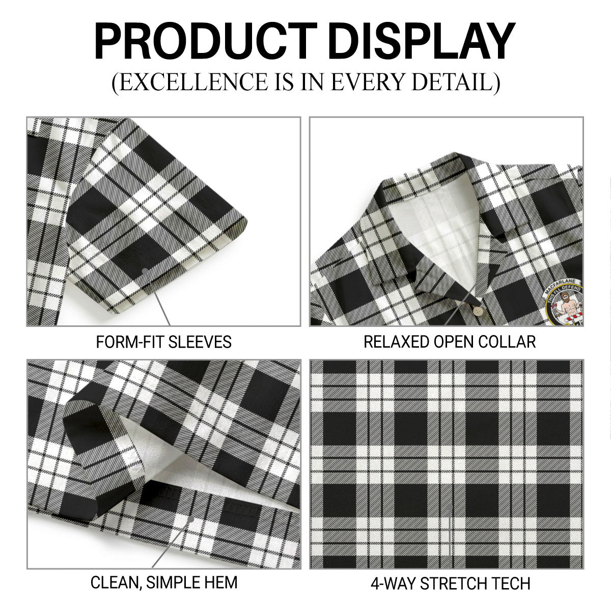 MacFarlane Black - White Tartan Crest Hawaiian Shirt