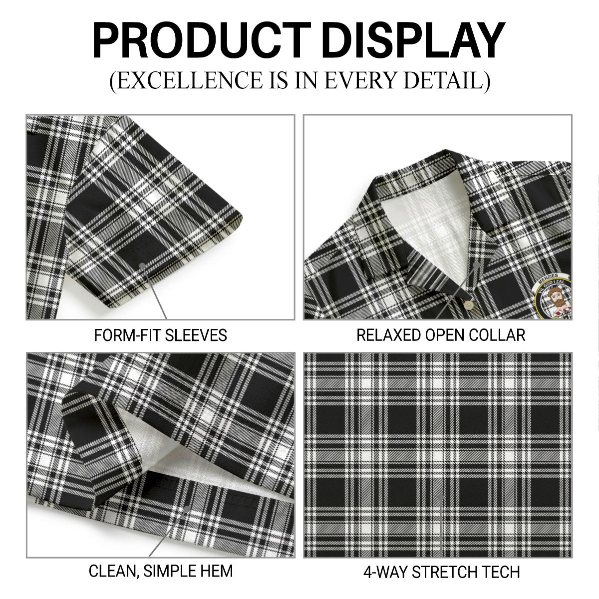 Menzies Black - White Modern Tartan Crest Hawaiian Shirt