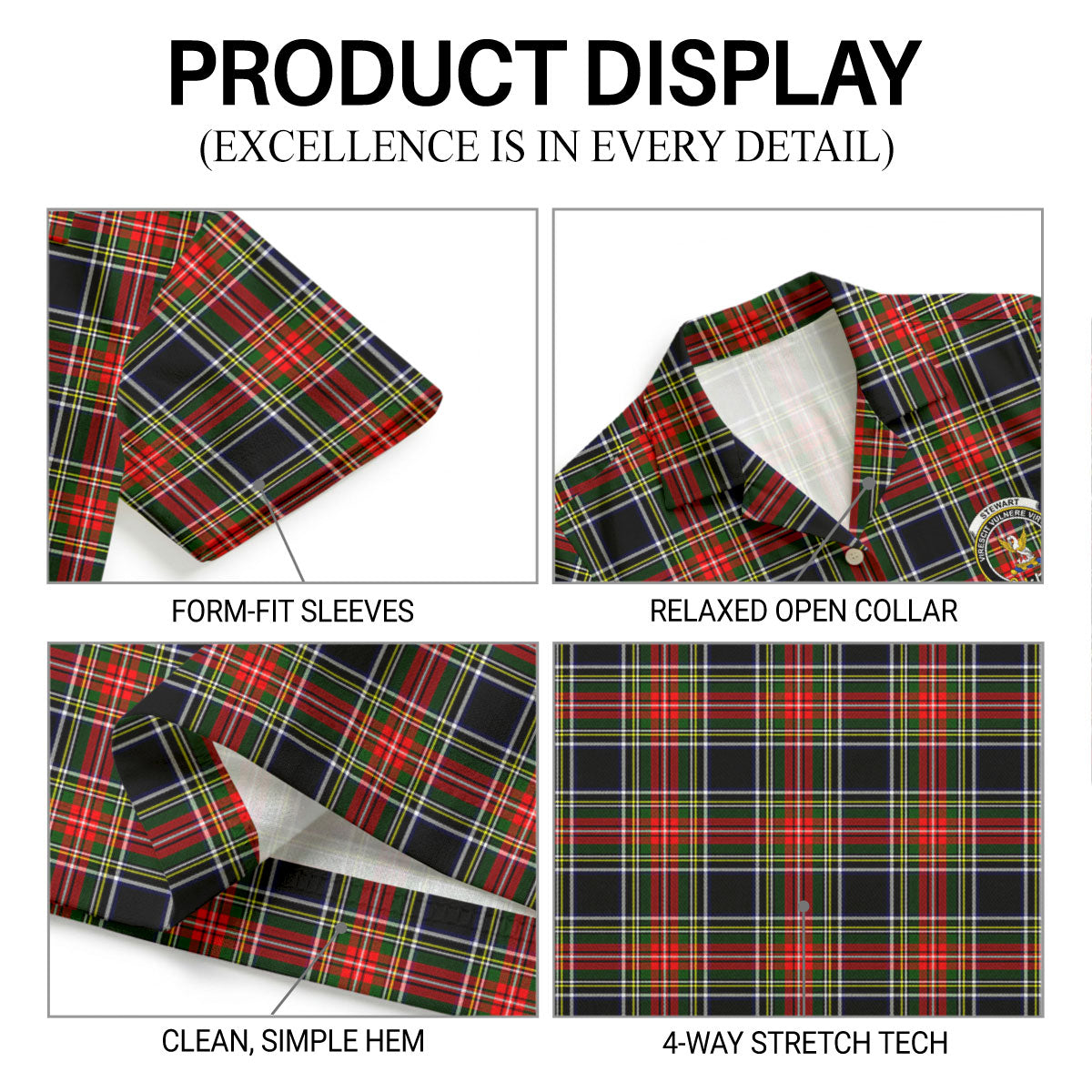 Stewart Black Tartan Crest Hawaiian Shirt