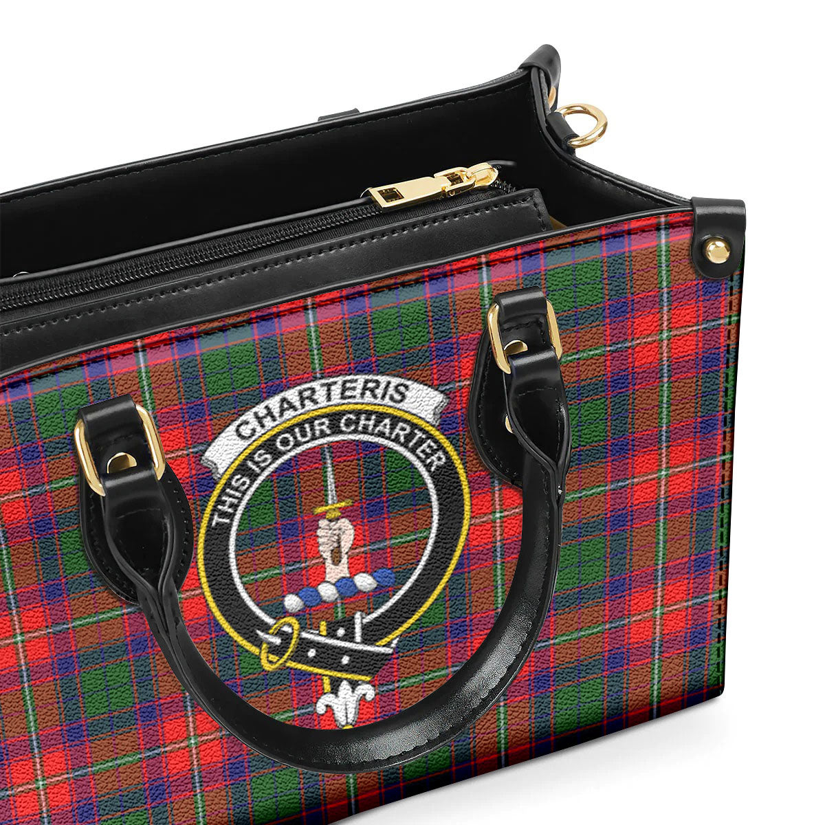 Charteris (Earl of Wemyss) Tartan Crest Leather Handbag