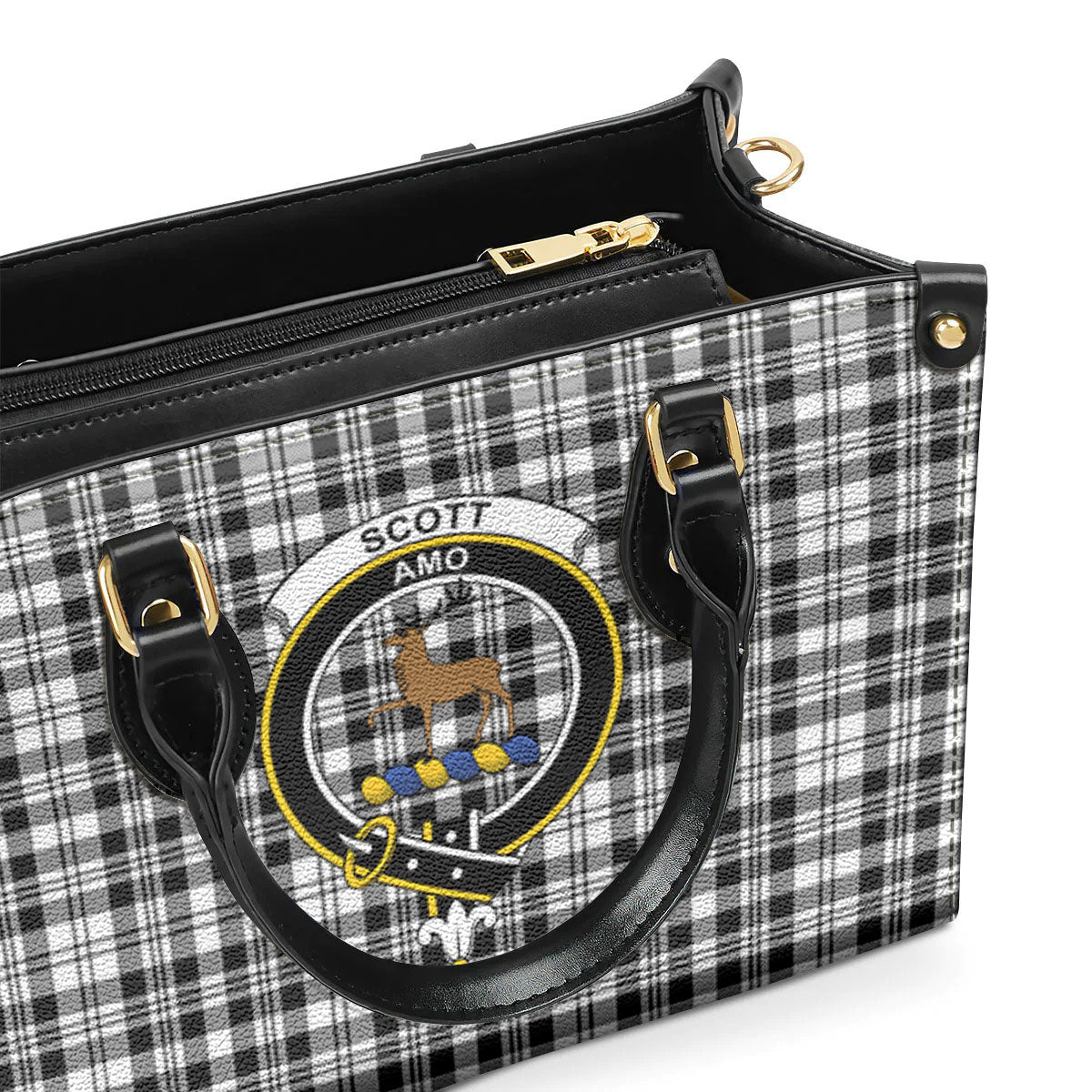 Scott Black & White Modern Tartan Crest Leather Handbag