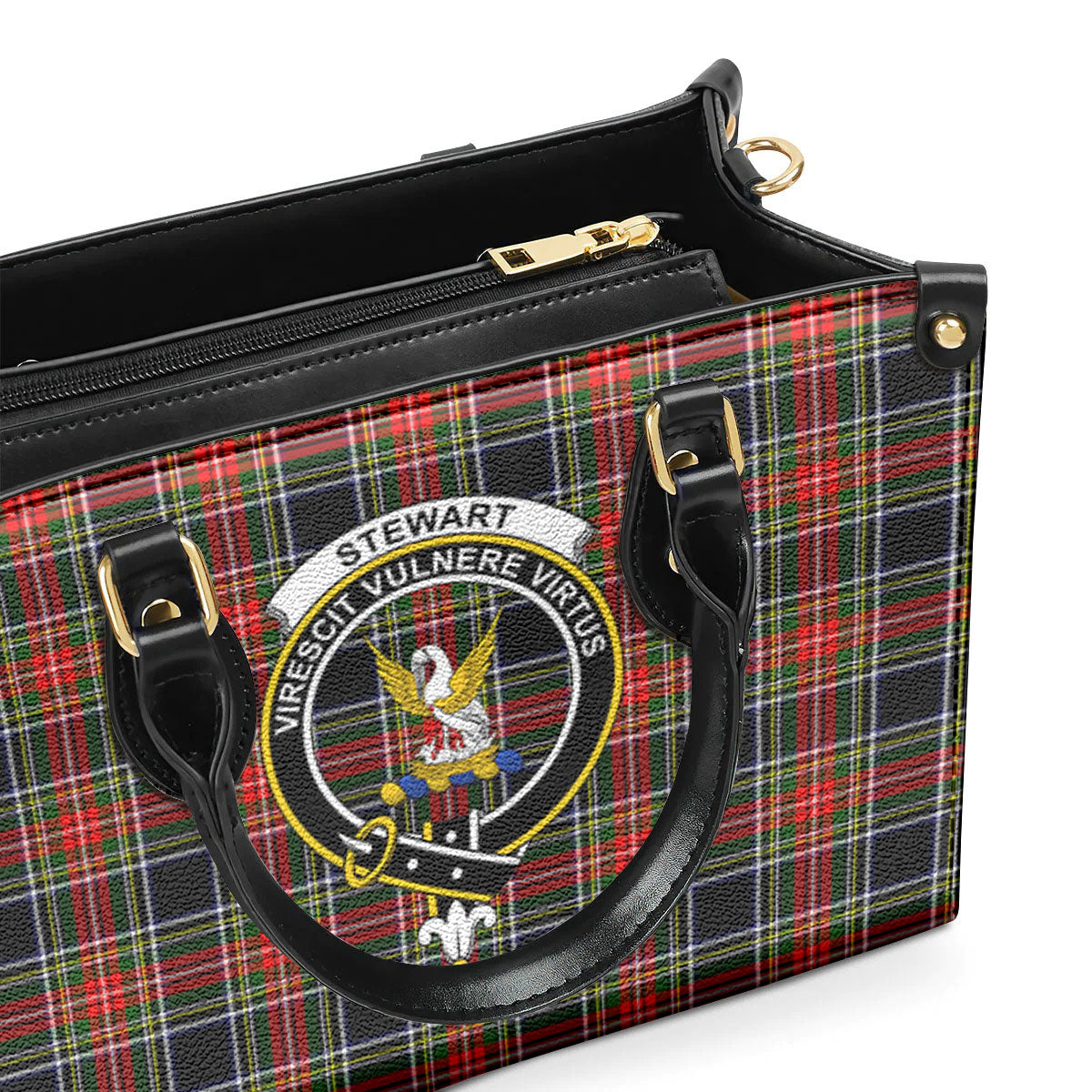 Stewart Black Tartan Crest Leather Handbag