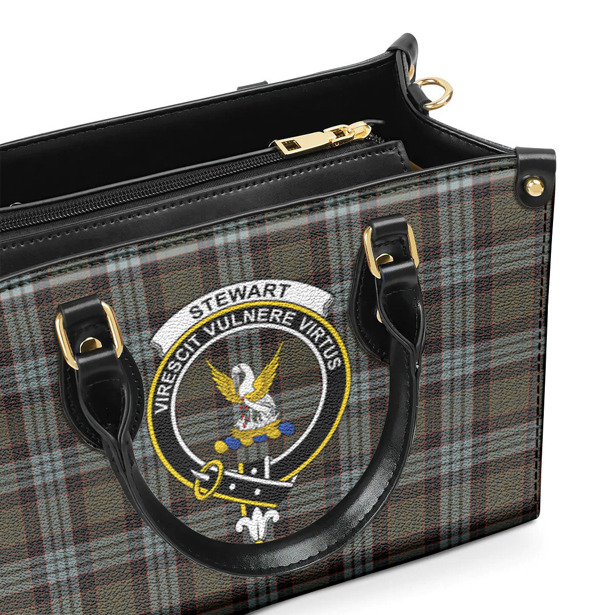 Stewart Old Weathered Tartan Crest Leather Handbag