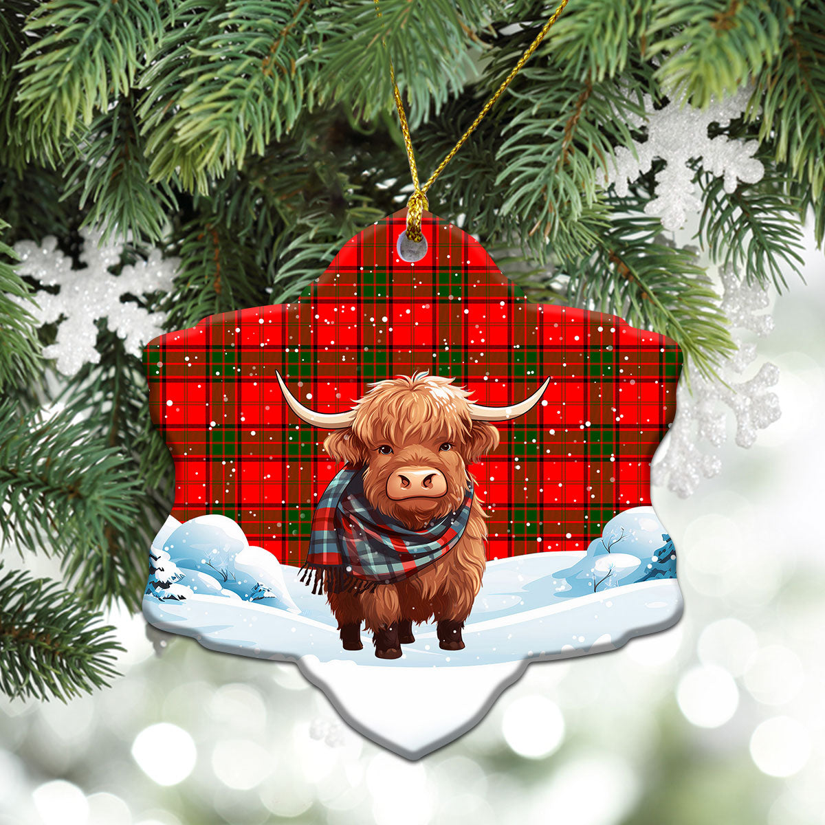 Adair Modern Tartan Christmas Ceramic Ornament - Highland Cows Snow Style