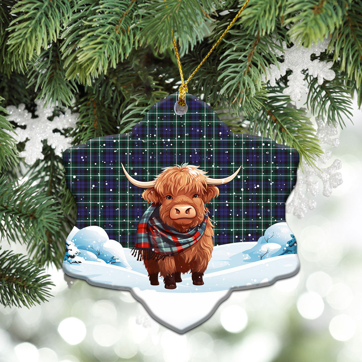 Allardice Tartan Christmas Ceramic Ornament - Highland Cows Snow Style