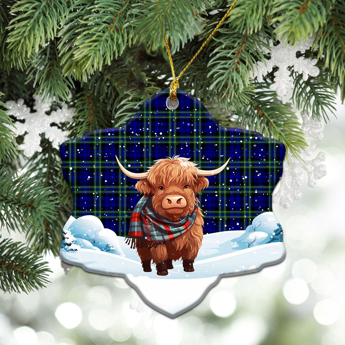 Arbuthnot Modern Tartan Christmas Ceramic Ornament - Highland Cows Snow Style