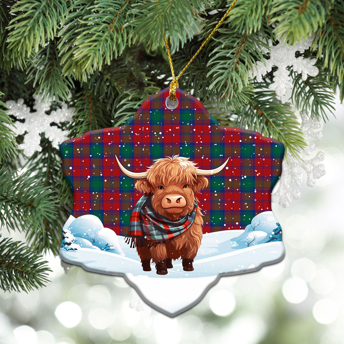 Auchinleck Tartan Christmas Ceramic Ornament - Highland Cows Snow Style