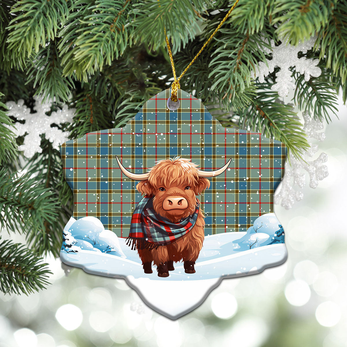 Balfour Blue Tartan Christmas Ceramic Ornament - Highland Cows Snow Style